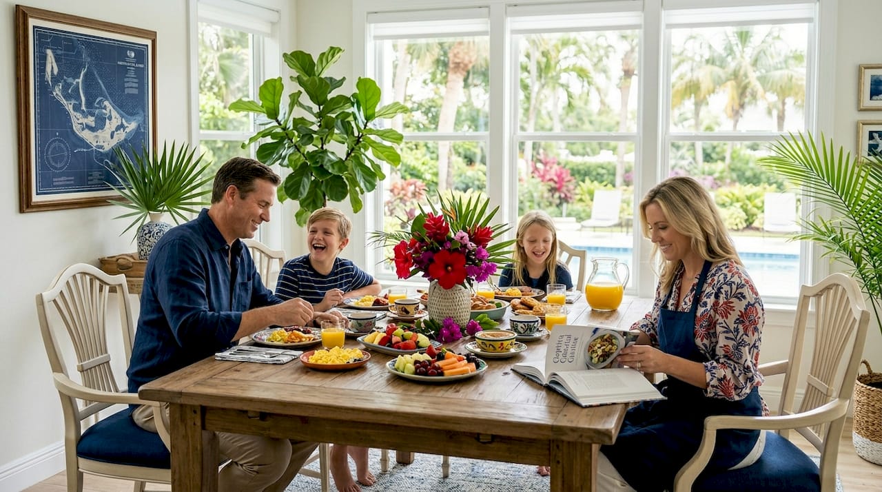 Family enjoying breakfast in private rental home