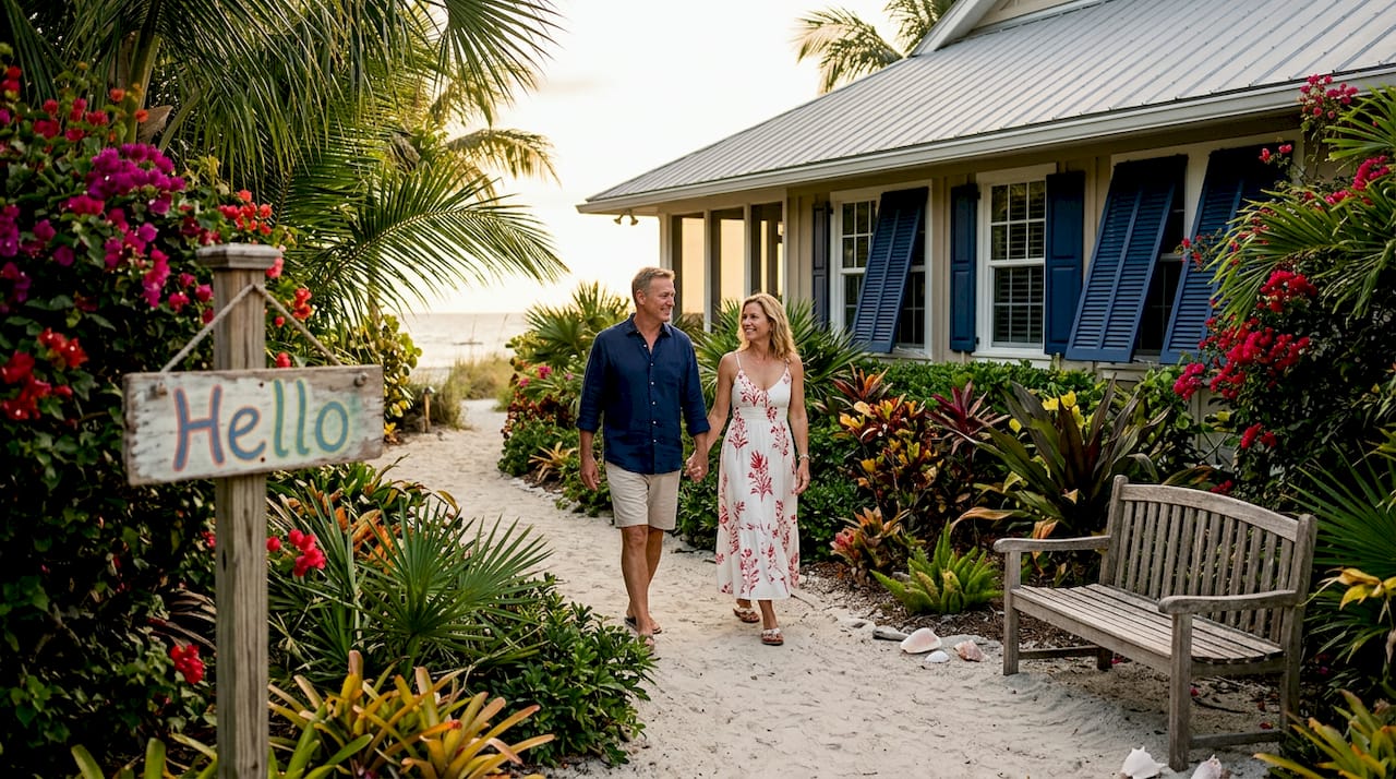 Couple approaching secluded beachfront cottage