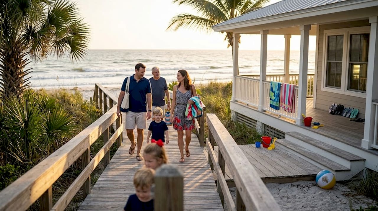 Family arriving at beachfront home along boardwalk
