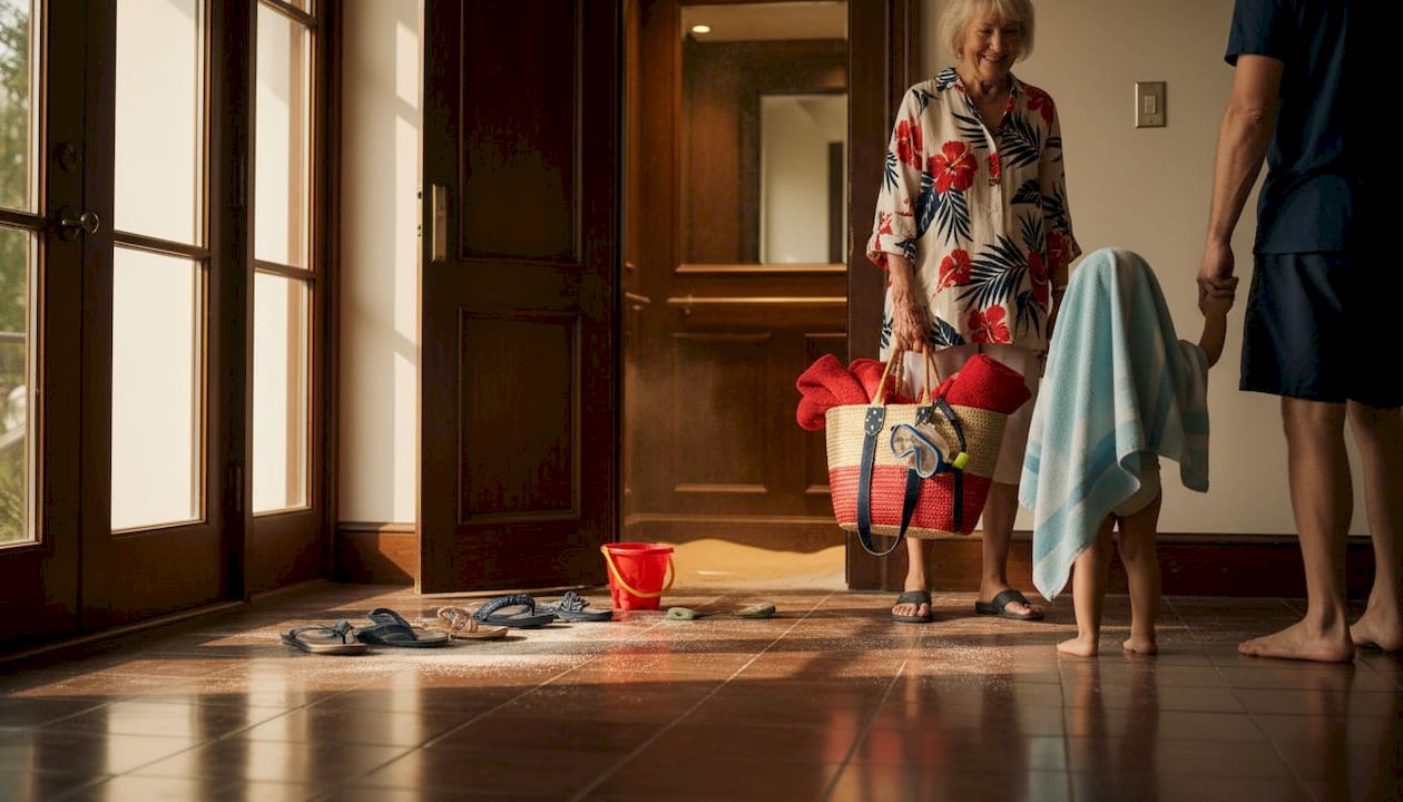 Family using home elevator with beach gear