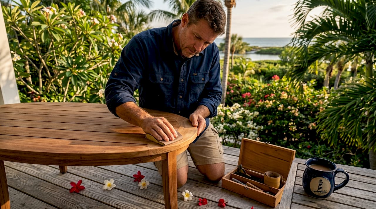 Carpenter finishing patio table at luxury rental