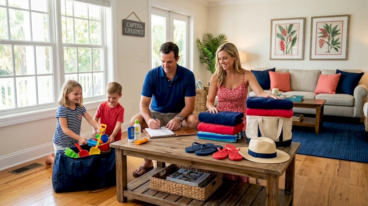 Family packing for beach vacation rental