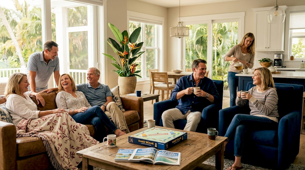 Group relaxing in spacious vacation home