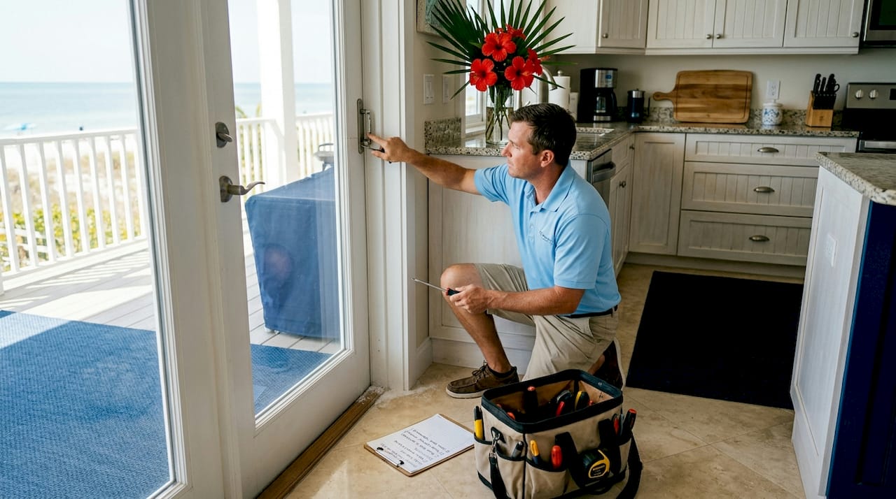 Maintenance worker inspecting beachfront rental door