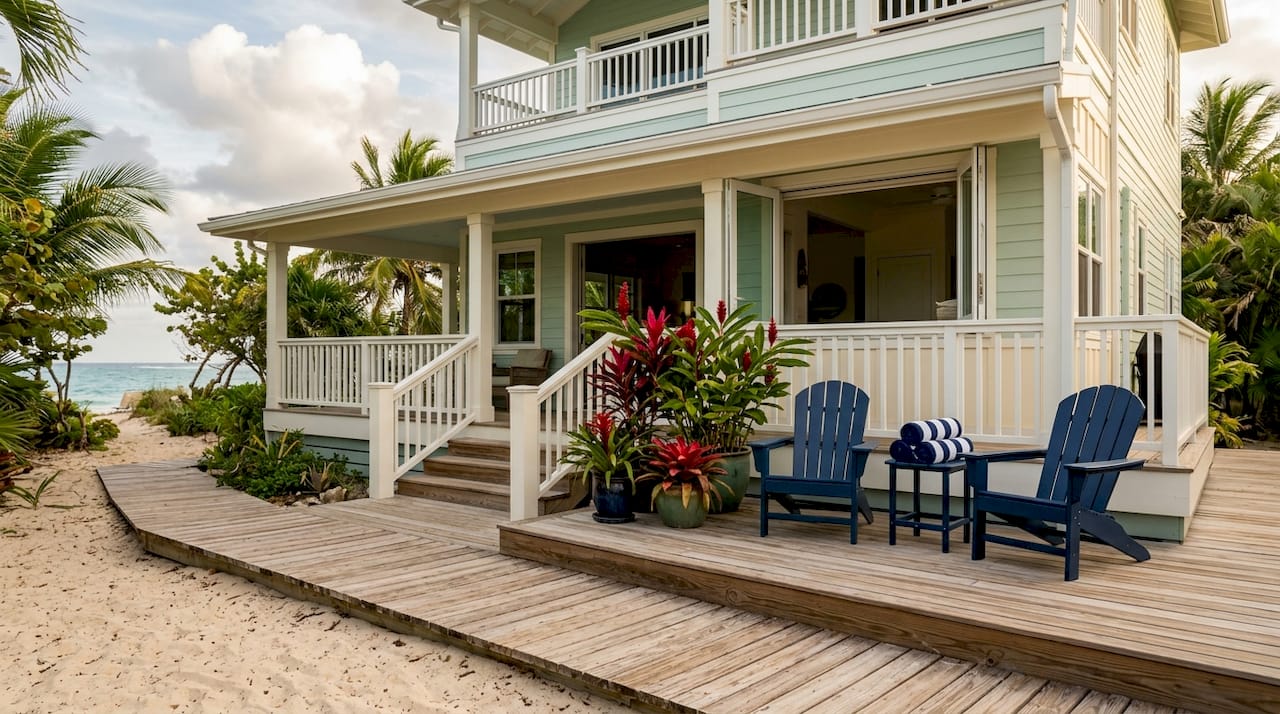 Exterior view of family beach house with surfboards