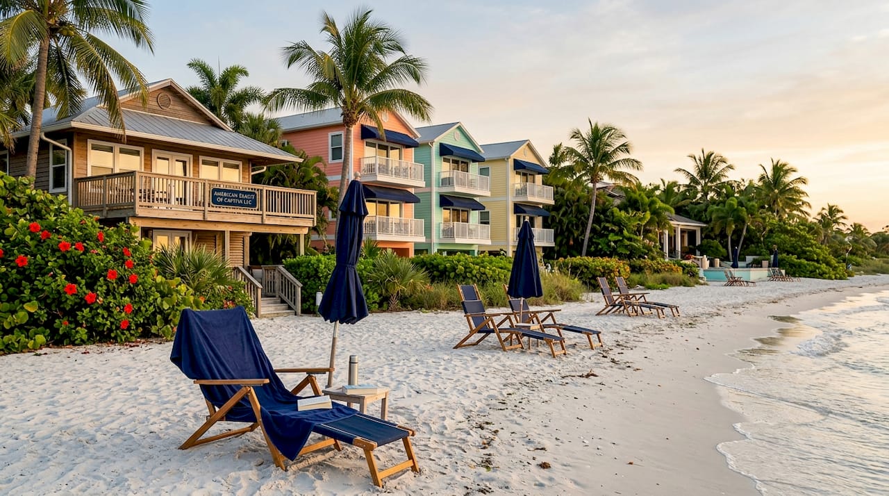 Wide view of various beach accommodations by the shore