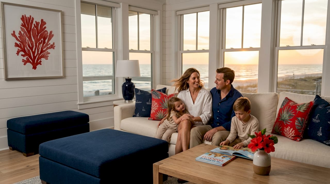 Family relaxing in bright beach house living room
