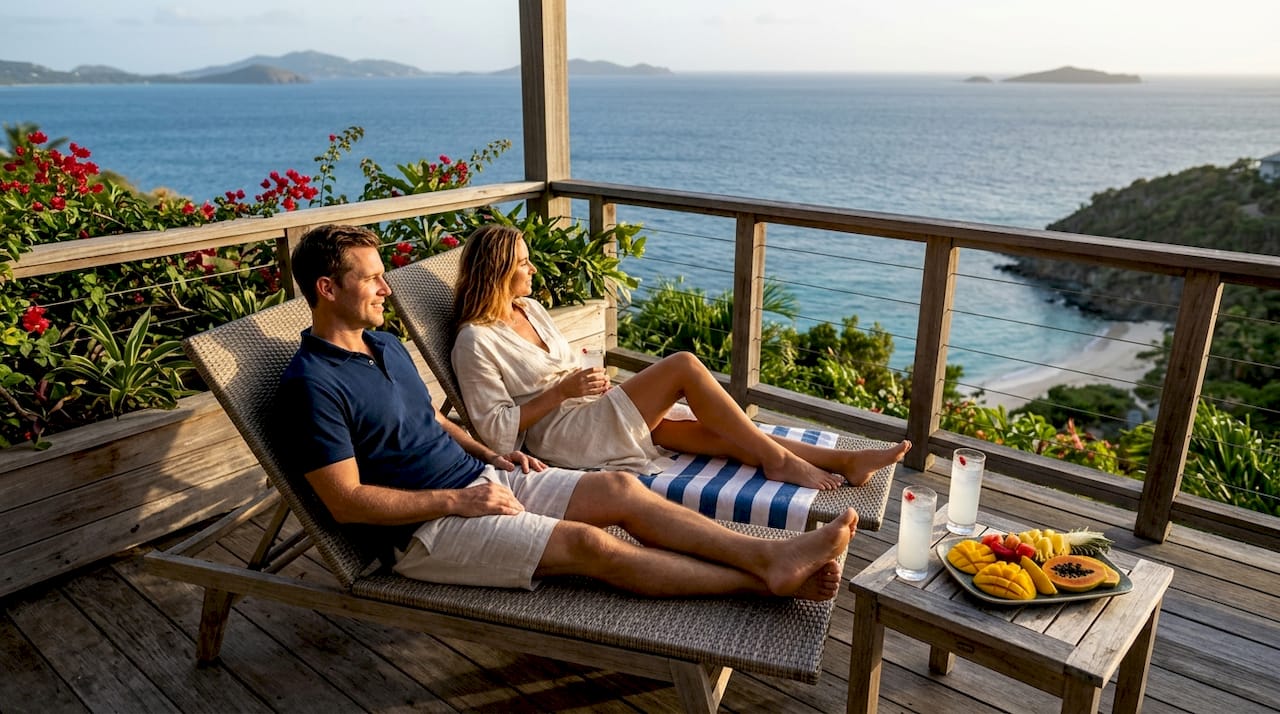 Couple enjoying secluded island villa terrace ocean view