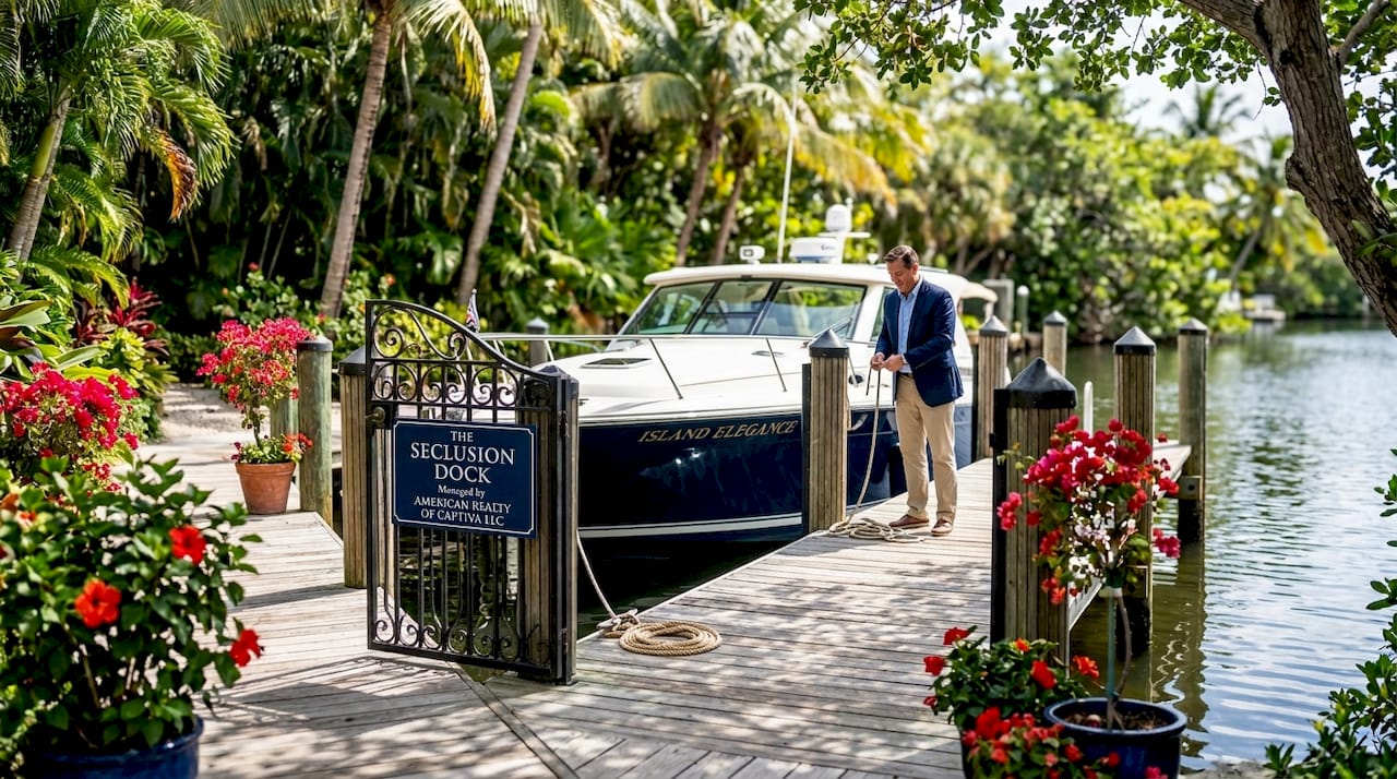 Private gated dock with moored luxury boat
