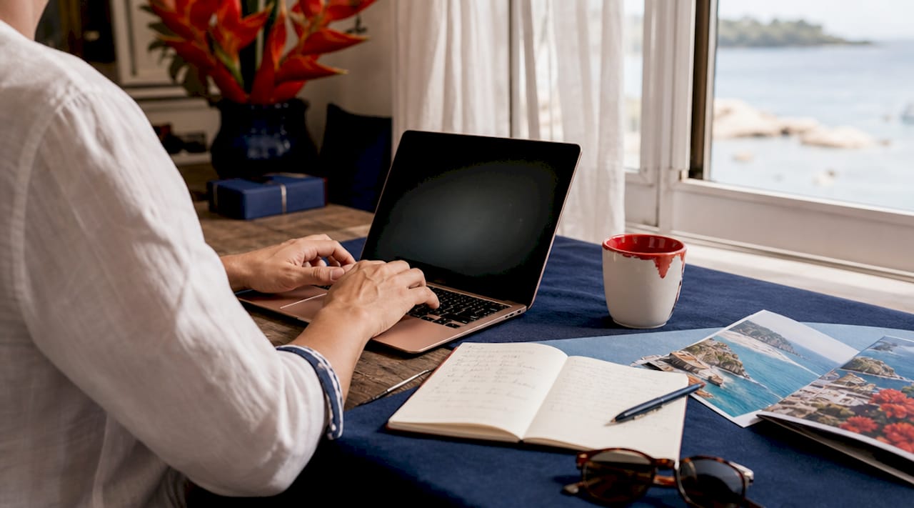 Hands typing on laptop amid travel documents and coffee cup