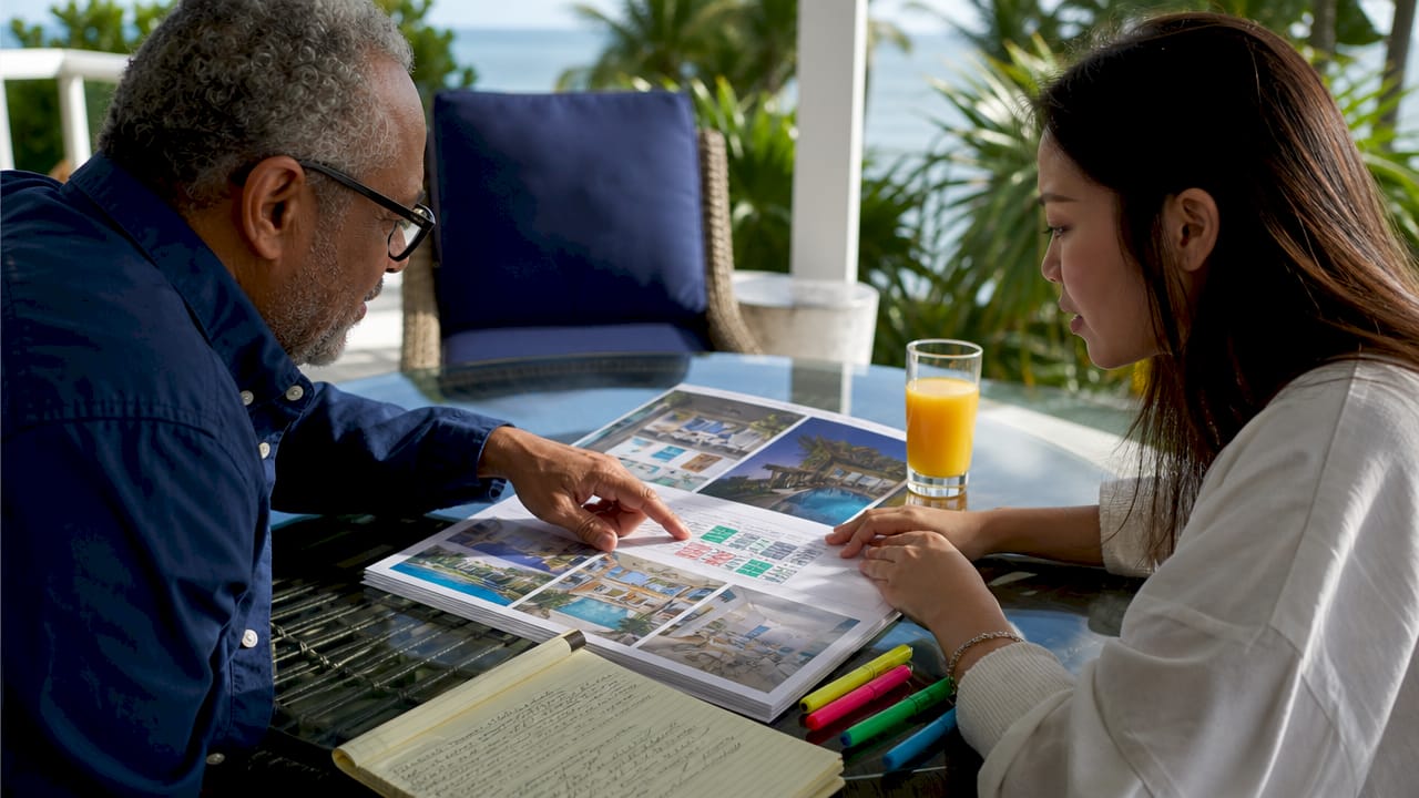 Hands reviewing vacation rental property portfolio on desk