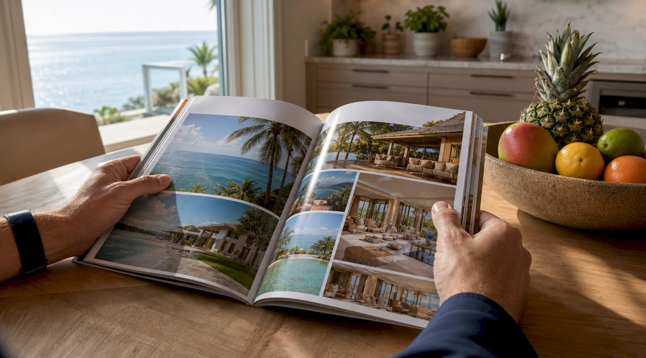 Hands reviewing vacation rental property brochure