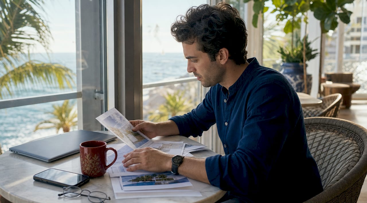 Investor reviewing vacation rental listings at urban table