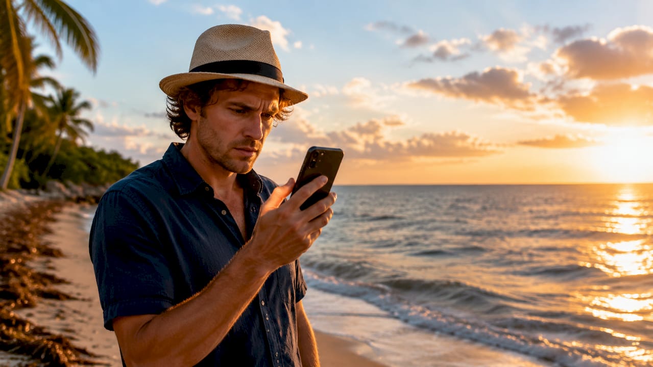 Traveler urgently booking beach rentals on phone