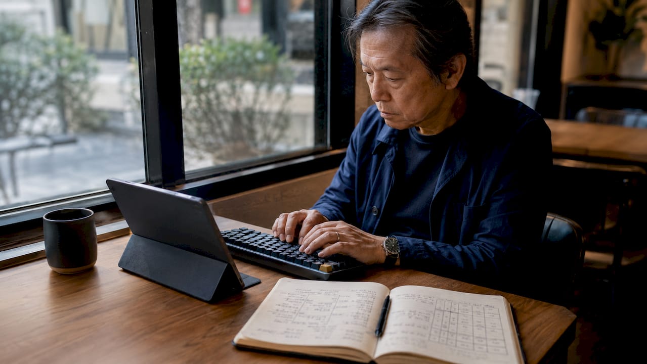 Hands typing biblical data in office