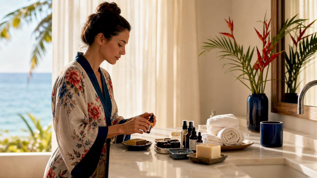 Traveler arranging luxury bath amenities