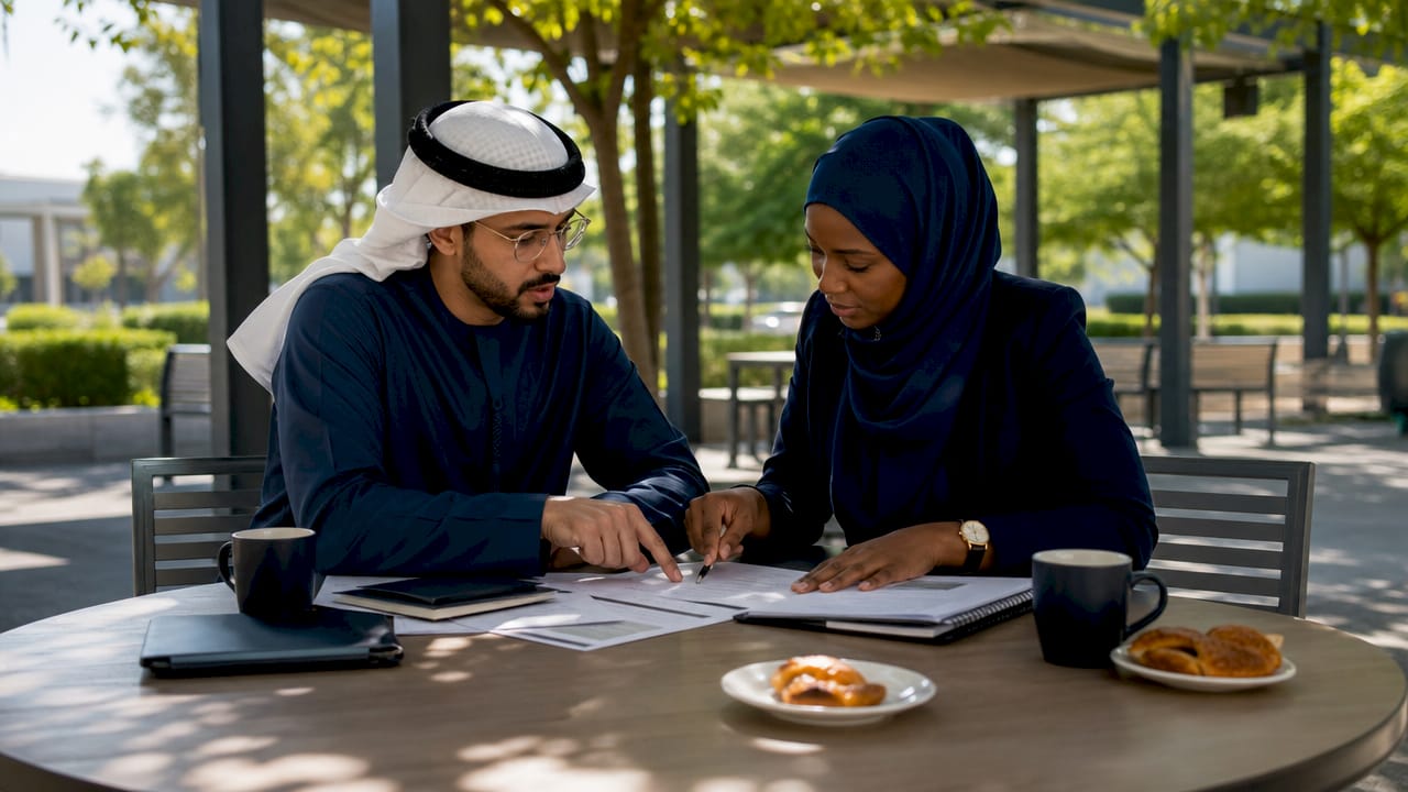 Two professionals discussing Islamic finance contracts at café table