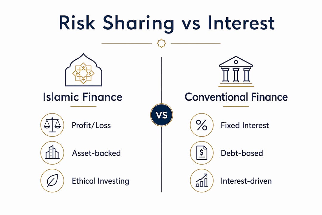 Infographic comparing Islamic and conventional finance principles