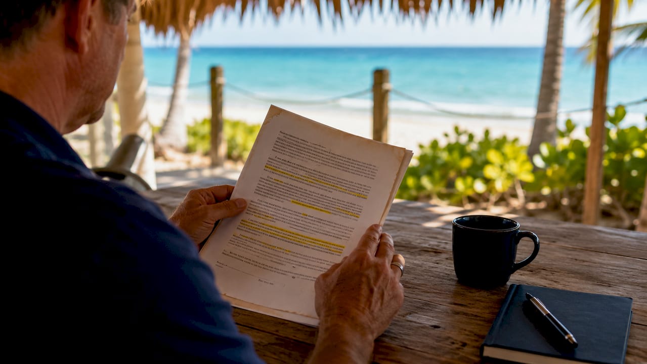 Hands holding rental agreement with highlighted clauses