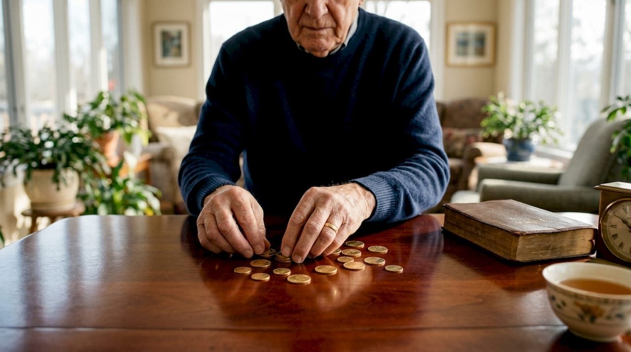 Elderly hands stacking gold coins with Bible