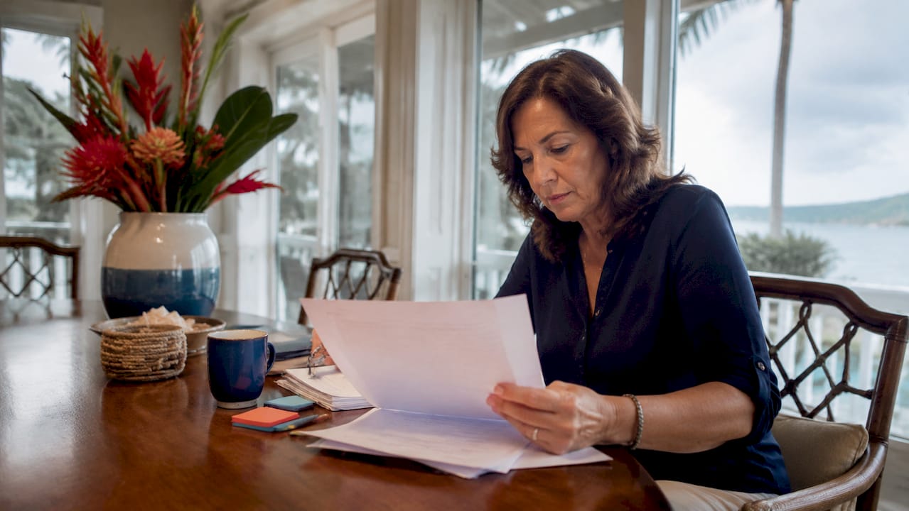 Woman reviewing group vacation rental details at home office