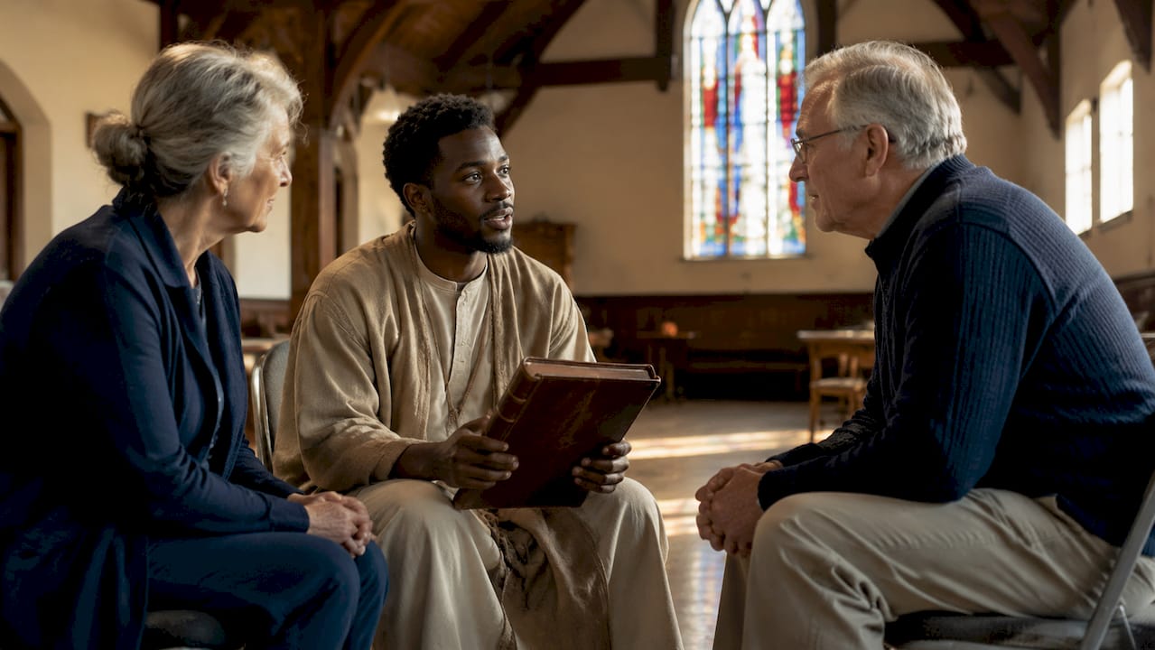 Deacons discussing charity ledger in church
