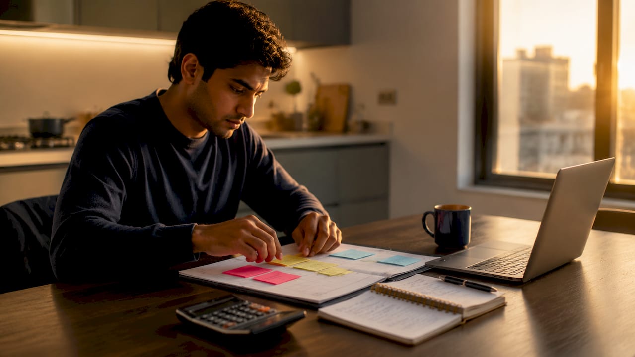 Hands organizing budget sticky notes on calendar
