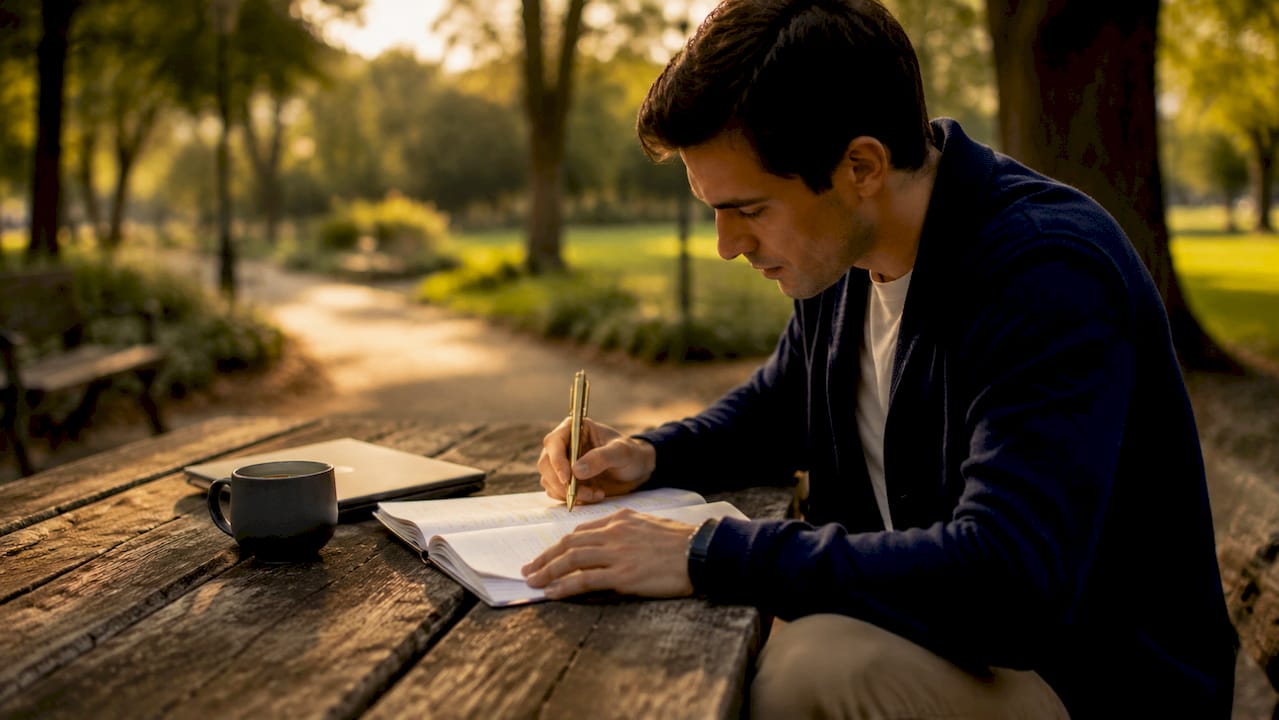 Man writing stewardship plan at café table