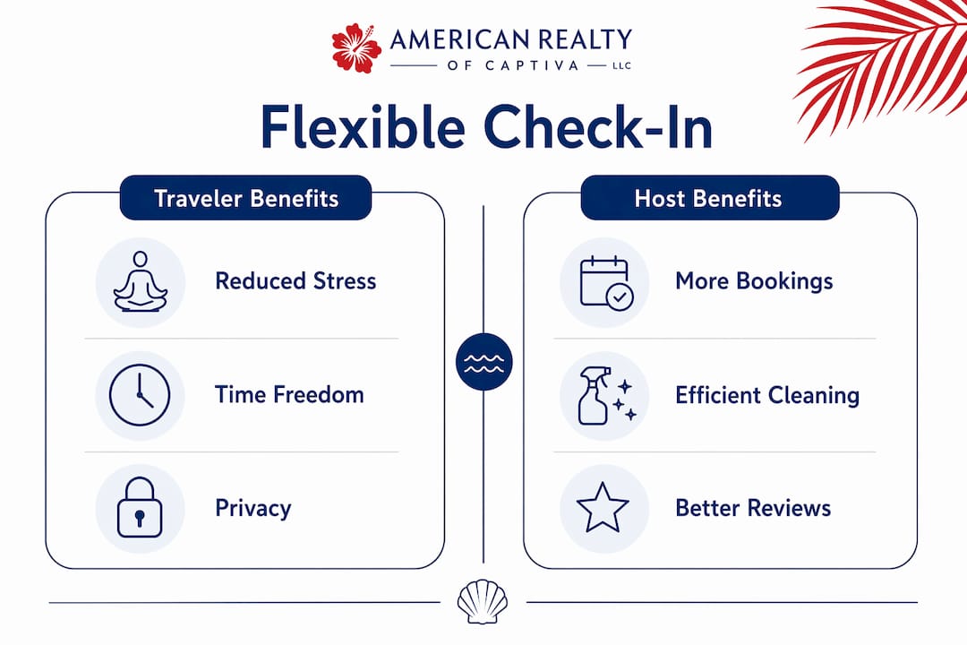 Infographic comparing traveler and host benefits of flexible check-in