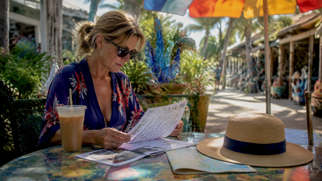 Woman reviewing vacation rental rates outdoors