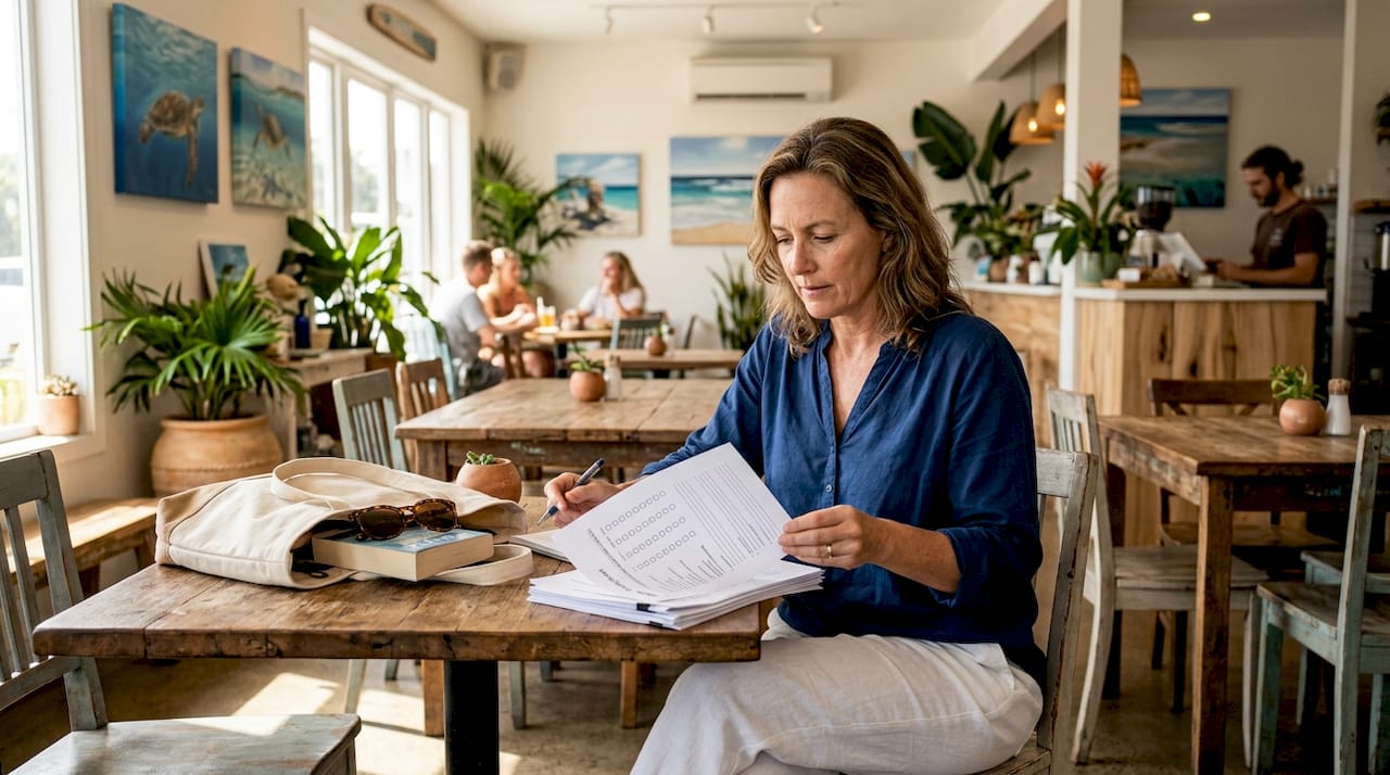 Traveler evaluating beach property amenities outdoors