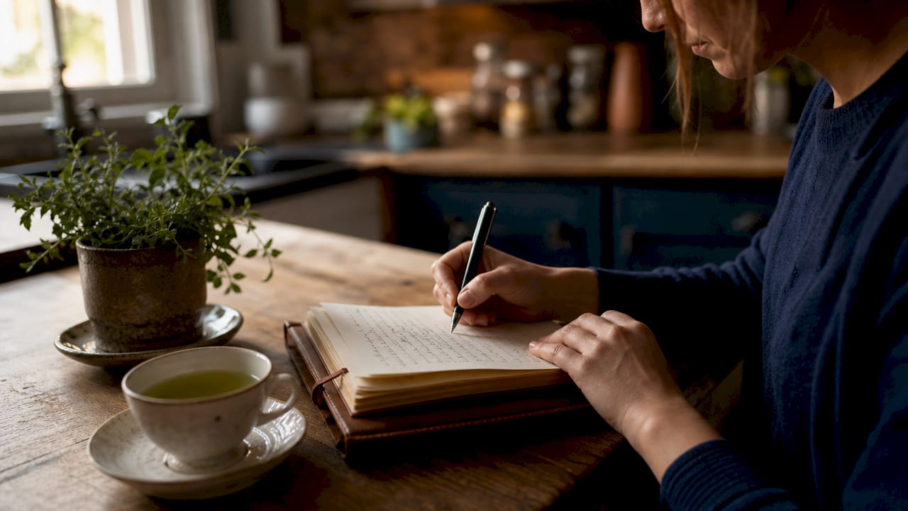Hands writing in discernment journal with Bible