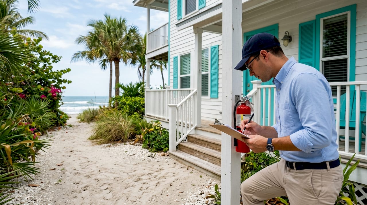 Inspector reviewing vacation rental safety features outdoors