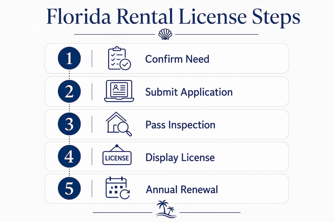 Infographic outlining five steps to obtain Florida rental license