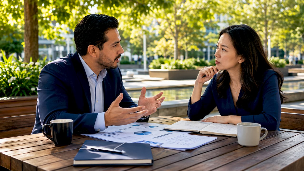 Two professionals discussing faith and capitalism over coffee