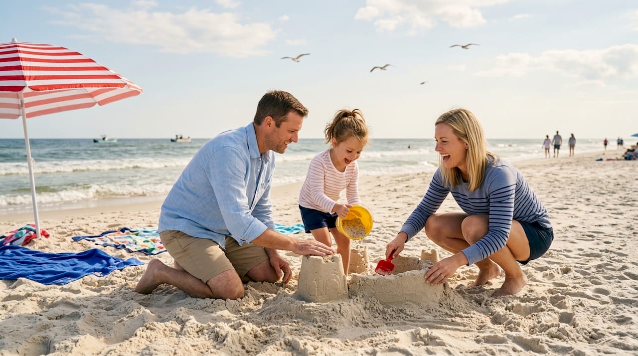 Family strolling pedestrian beach area in Gulf Shores