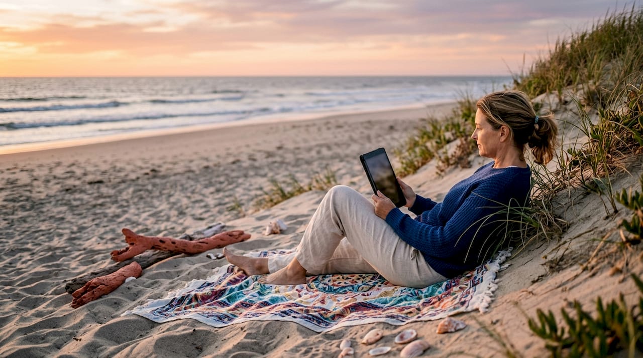 Woman browsing fall beach vacation rentals on beach