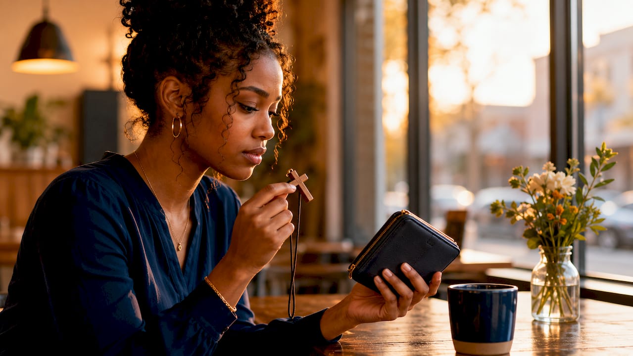 Woman reflecting on faith and money