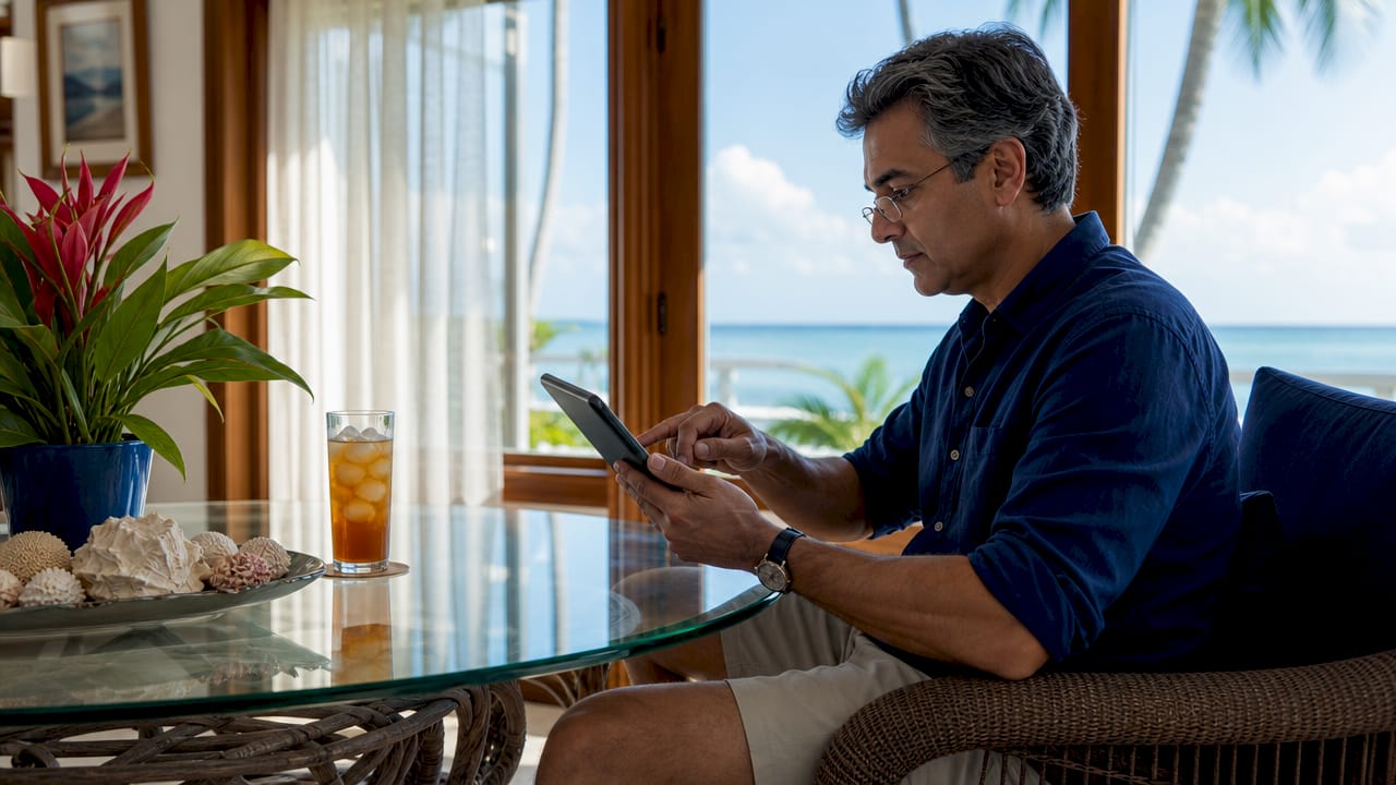 Man using smart home tablet in beach house living room