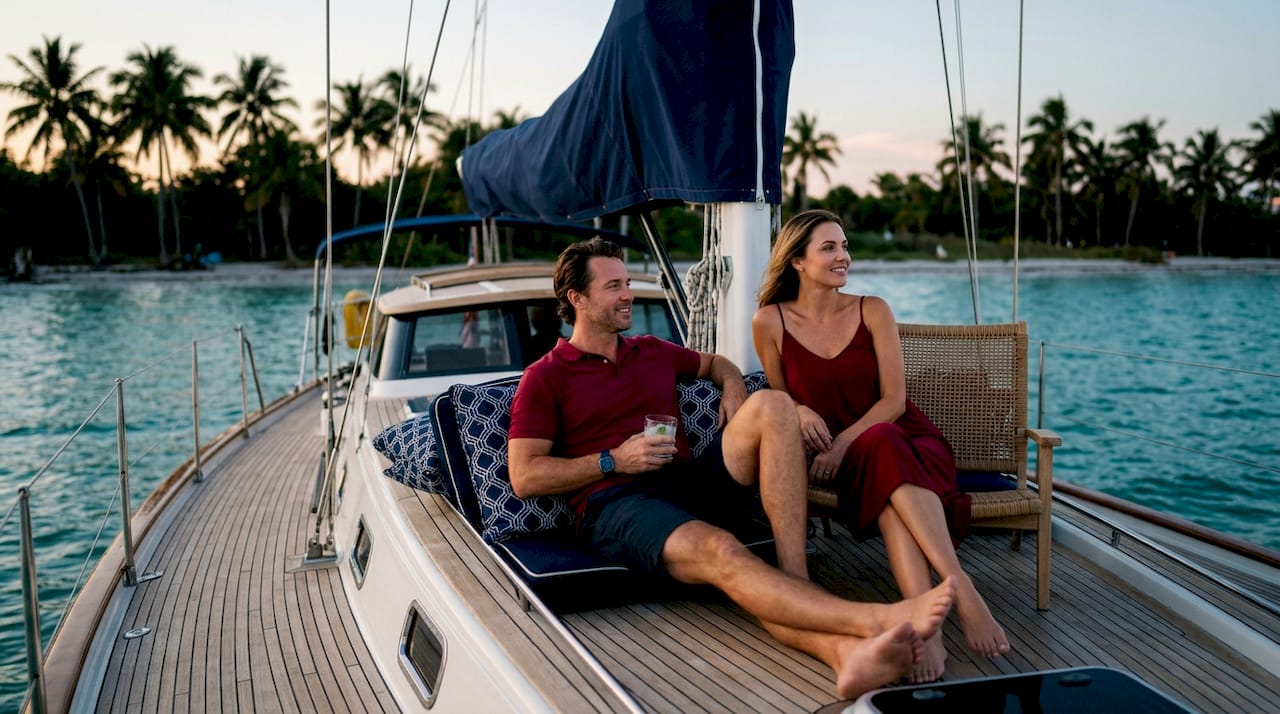 Couple enjoying luxury yacht near Captiva Island at sunset