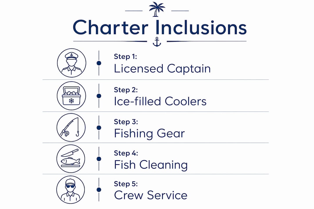 Infographic illustrating luxury yacht charter inclusions step by step
