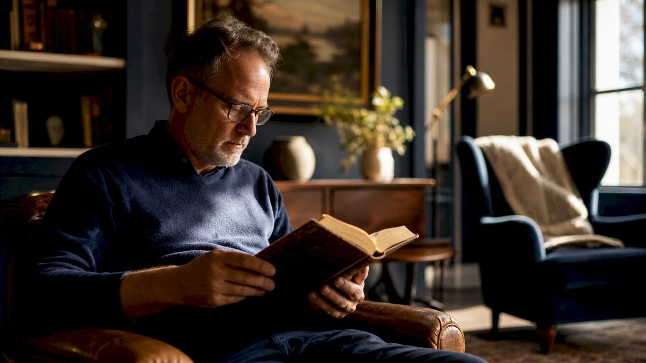 Man reading Bible in study room
