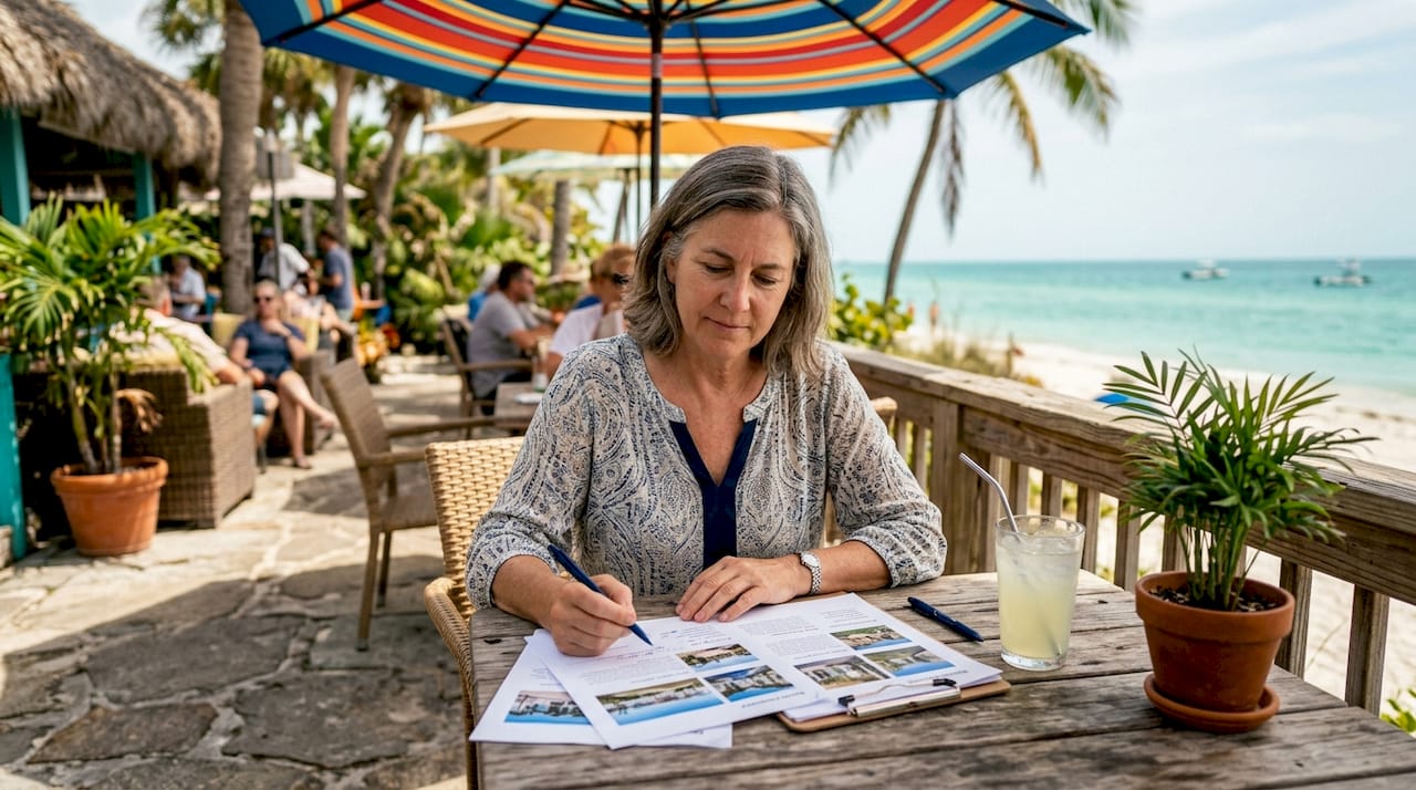 Woman booking off-season beach rental at home