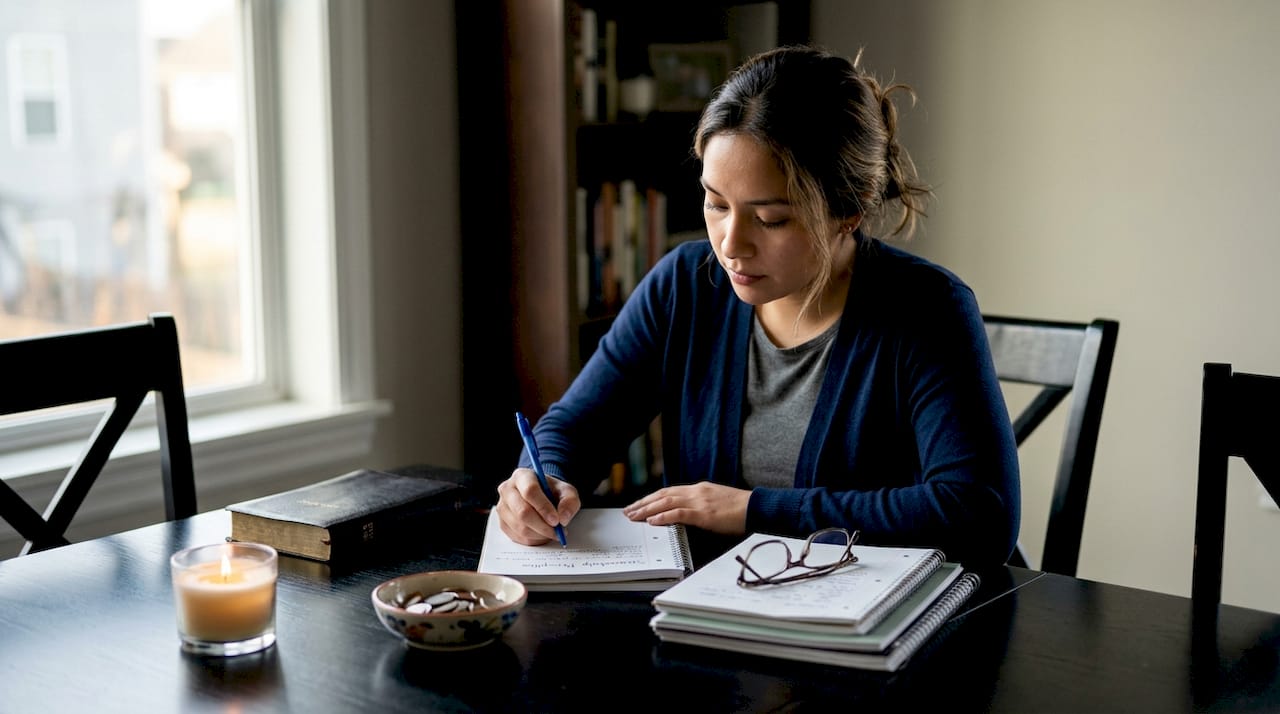 Hands writing biblical stewardship notes at desk