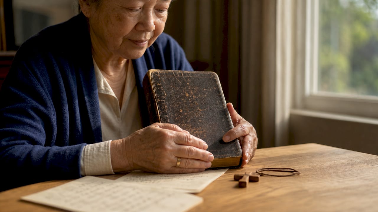 Hands holding Bible with notes and cross