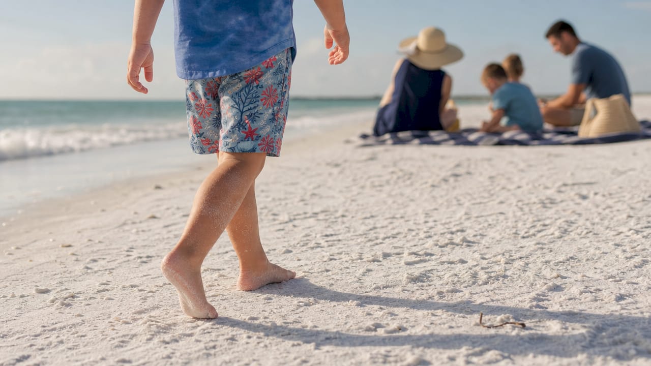Child's feet on bright quartz sand at beach