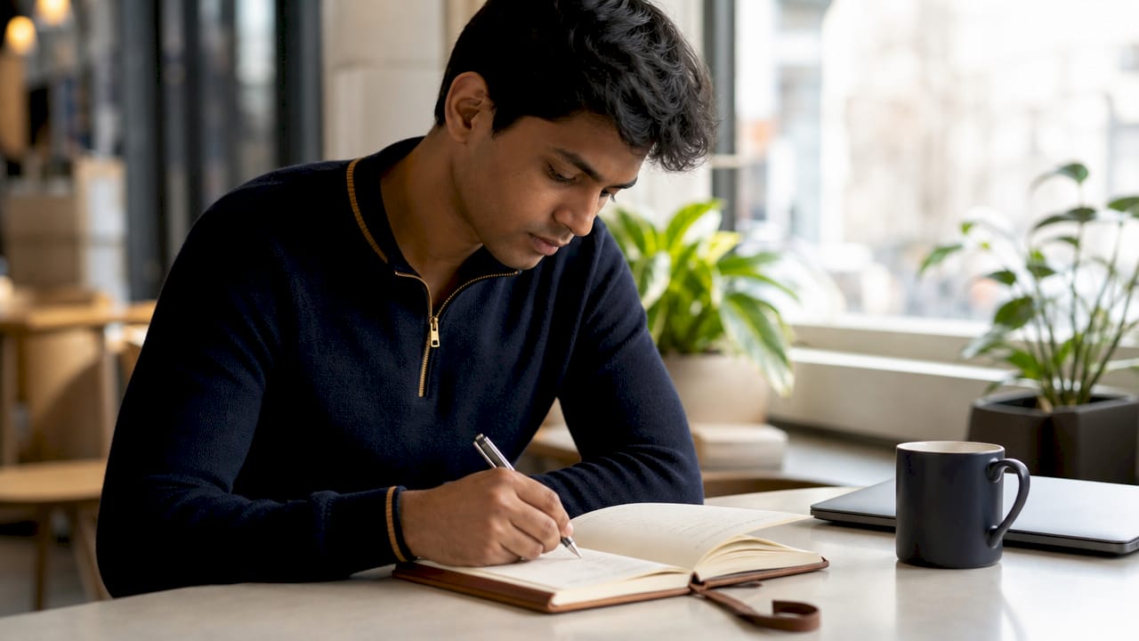 Hands writing prayer steps in notebook