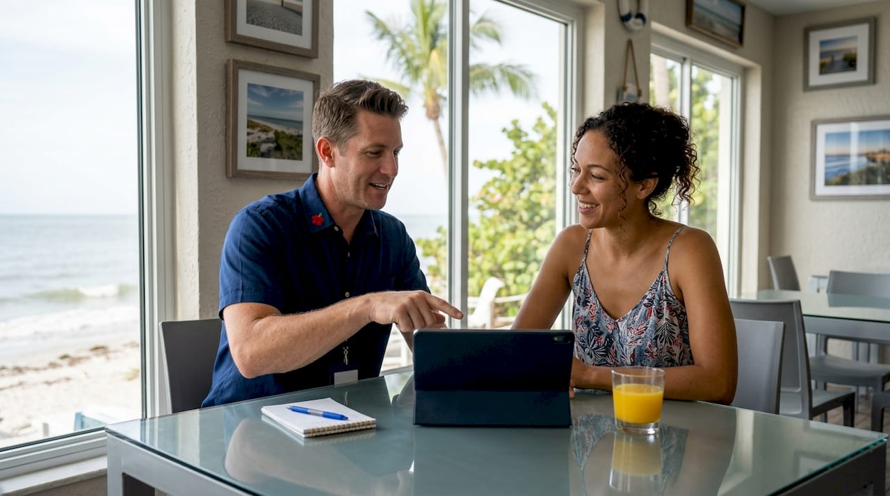 Rental agent advising vacation planner at table