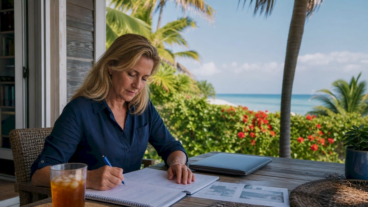 Woman reviewing vacation home sale documents