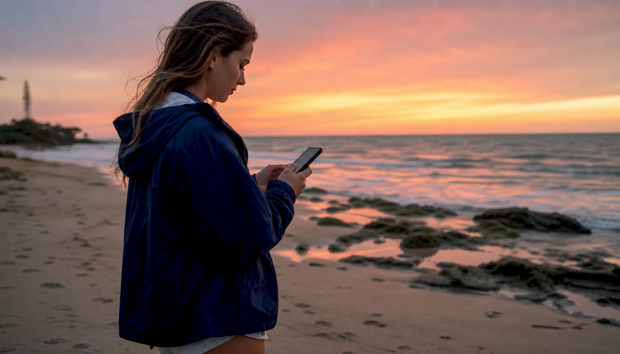 Woman checking tide chart on beach near tide pools